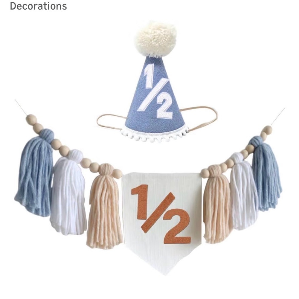 Half Birthday Party Banner and Blue Hat Set